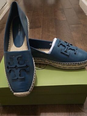 Tory Burch ines blue Leather Espadrille Flats with Logo Sz 9